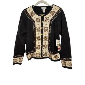Dressbarn Cardigan Sweater Womens Size L Black / Cream Embroidered Button Front